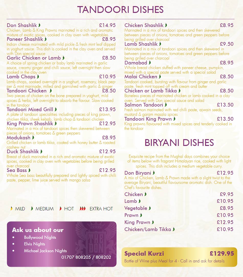 The Don Indian Restaurant takeaway menu
